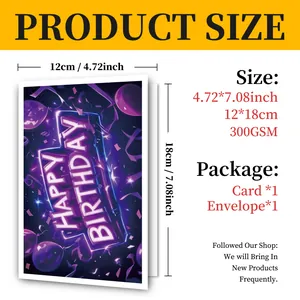 Size chart for 12x18cm neon Happy Birthday card with envelope and 300GSM paper weight