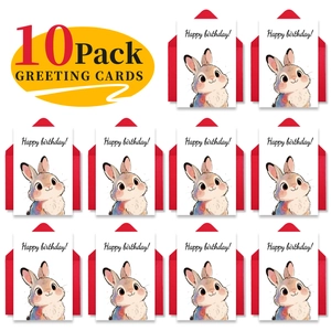Vue détaillée de 10 cartes d'anniversaire lapin aquarelle avec enveloppes rouges