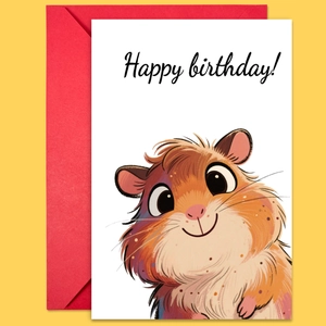 Dettaglio di un biglietto di auguri con criceto e busta rossa su sfondo giallo