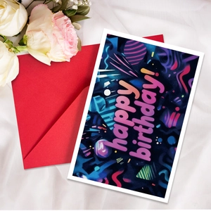 Artistic neon Happy Birthday card with dark abstract design and a vibrant red envelope
