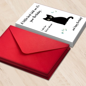 Funny birthday card set with minimalist black cat design and red envelopes on wood