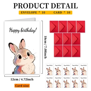 Détail du lot de cartes d'anniversaire lapin avec 10 enveloppes rouges et cartes 12x18cm