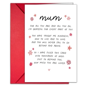Hartelijke Mum wenskaart met rode envelop voor dankbaarheid op Moederdag.