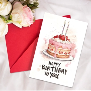 Détail de la carte d'anniversaire gâteau aux fraises avec son enveloppe rouge foncé