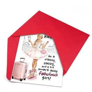 Biglietto di compleanno con illustrazione di moda e busta rossa per regalo ragazza