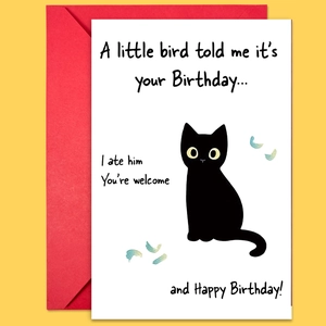 Humorous birthday card with black cat illustration and red envelope on yellow background