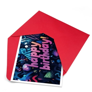 Creative neon Happy Birthday greeting card set with a vibrant red envelope on white background