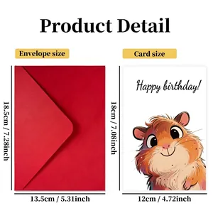 Set biglietto auguri criceto con busta rossa e dimensioni dettagliate del prodotto