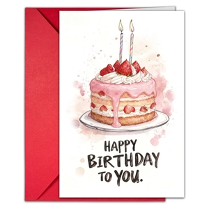 Carte d'anniversaire aquarelle avec gâteau aux fraises et enveloppe rouge élégante