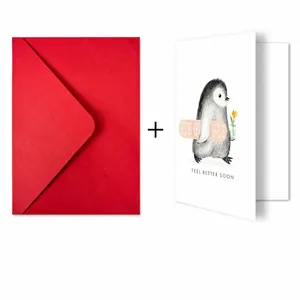 Vista detallada de tarjeta de pingüino con sobre rojo y dimensiones del set