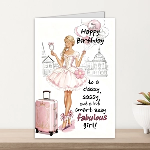 Dettaglio del biglietto d'auguri elegante con illustrazione di moda su mensola