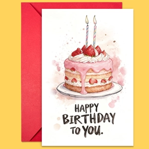 Détail de la carte d'anniversaire avec motif gâteau à la fraise et enveloppe rouge