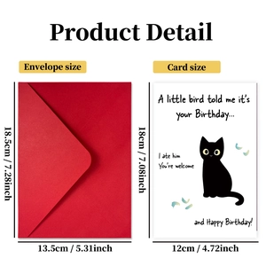 Funny cat birthday card set with red envelope including 18x12cm card and dimension details