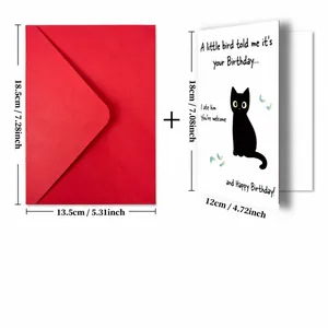 Funny black cat birthday card and red envelope set with humorous greeting and sharp details