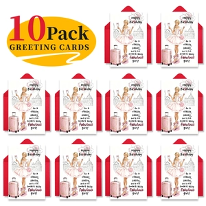 Layout a matrice di 10 biglietti di compleanno con buste rosse e illustrazioni di moda