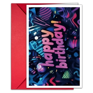 Neon Happy Birthday card set with a dark blue graffiti card and a red envelope
