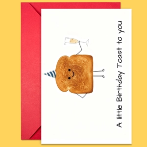 Funny watercolor toast birthday card with red envelope and festive text design
