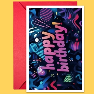 Vertical Happy Birthday card with neon font and cosmic pattern on a red envelope