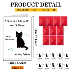 Detail view of humorous black cat birthday cards and red envelopes in a 10-piece set