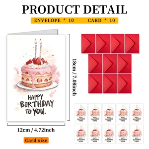 Détail de 10 cartes d'anniversaire avec gâteau et enveloppes rouges assorties