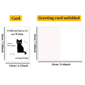 Detail view of foldable humorous cat birthday card showing both closed and open states
