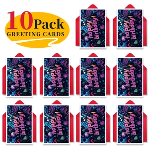 Set of 10 artistic neon Happy Birthday cards with matching vibrant red envelopes