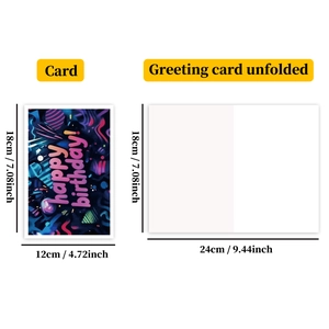 Detailed dimensions of neon happy birthday card in folded and unfolded states