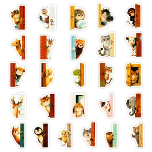 Lot de 25 autocollants animaux mignons sortant de portes en bois sur fond blanc épuré