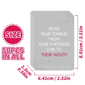 Detailed size chart showing 50 couples game cards with dimensions 3.51 by 2.52 inches