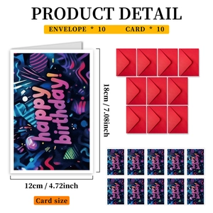 Set of 10 neon graffiti Happy Birthday cards and 10 red envelopes with 12x18cm dimensions