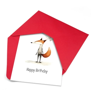 Hand-painted fox and balloon Happy Birthday card set with a premium red envelope