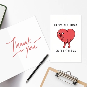 Funny heart cartoon birthday card with Happy Birthday Sweet Cheeks text and thank you insert