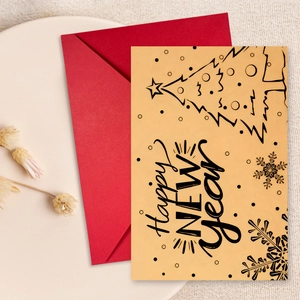 Happy New Year Greeting Card With Red Envelope Retro Minimalist Christmas Tree Snowflake Pattern Folding Message Card