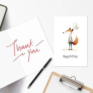 Detailed view of hand-drawn animal birthday cards with Thank You and Happy Birthday notes