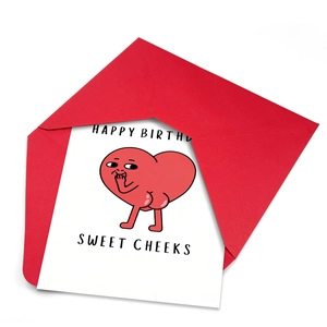 Funny cartoon heart birthday card set with red envelope featuring Sweet Cheeks text