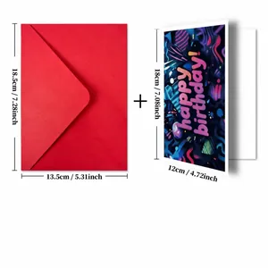 Detailed view of neon Happy Birthday card with abstract patterns and a red paper envelope