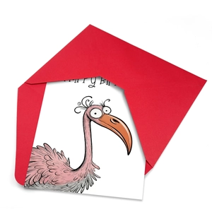 Creative watercolor Happy Birthday card with funny pink bird illustration and red envelope
