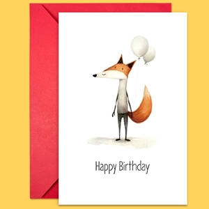 Detail of happy birthday card with hand-drawn fox and red envelope on yellow background