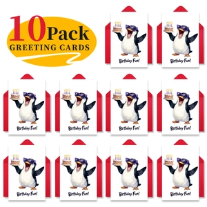Detailed set of 10 watercolor penguin birthday cards with 10 matching red envelopes