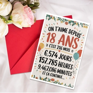 Détail d'une carte de 18 ans avec texte français sur fond de soie blanche et enveloppe rouge