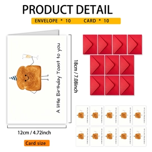 Funny toast birthday cards set with 10 cards and 10 red envelopes, size 12x18cm
