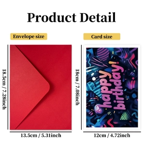 Neon Happy Birthday card and red envelope set with dimensions and abstract graffiti design