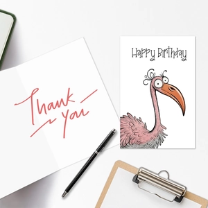 Detail of watercolor bird birthday card set with Happy Birthday and Thank You notes