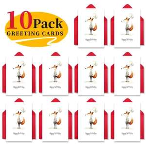 Set of 10 birthday cards with cute hand-drawn fox and red envelopes for parties