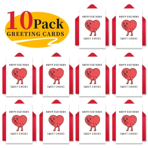 Set of 10 funny cartoon heart birthday cards with red envelopes and humorous text