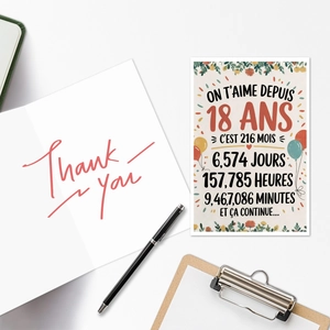 Détails d'une carte de 18ème anniversaire en français avec fleurs et carte de remerciement