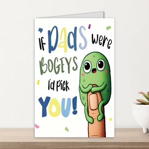 Carte de fête des pères drôle avec illustration de bogey sur bureau en bois