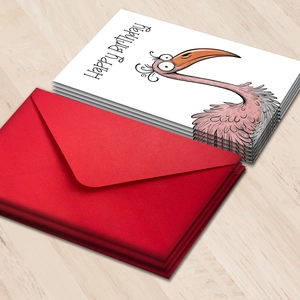 Watercolor flamingo birthday greeting cards set with premium red envelopes on wood surface