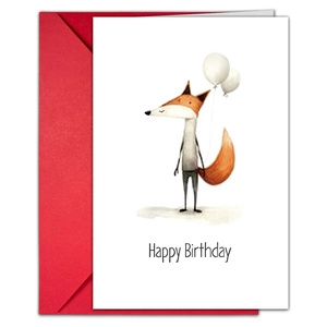 Watercolor fox and balloons birthday card set with a premium red envelope