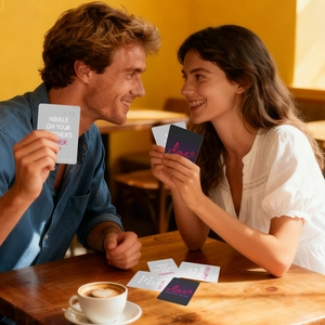 Close-up of Love game cards with English instructions for couples in a cozy cafe setting